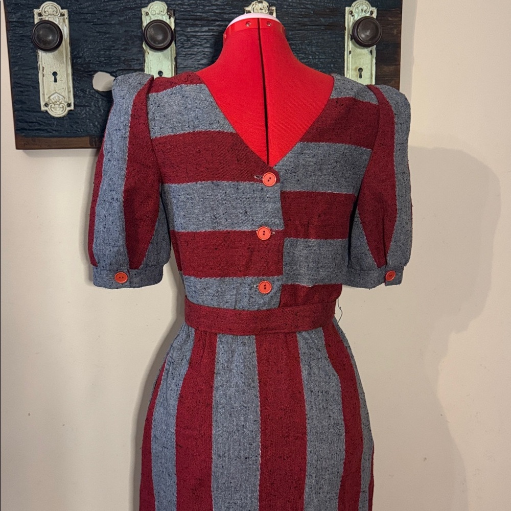 Vintage Jolibel Red and Grey Striped Pleated Dress - Picture 9 of 16